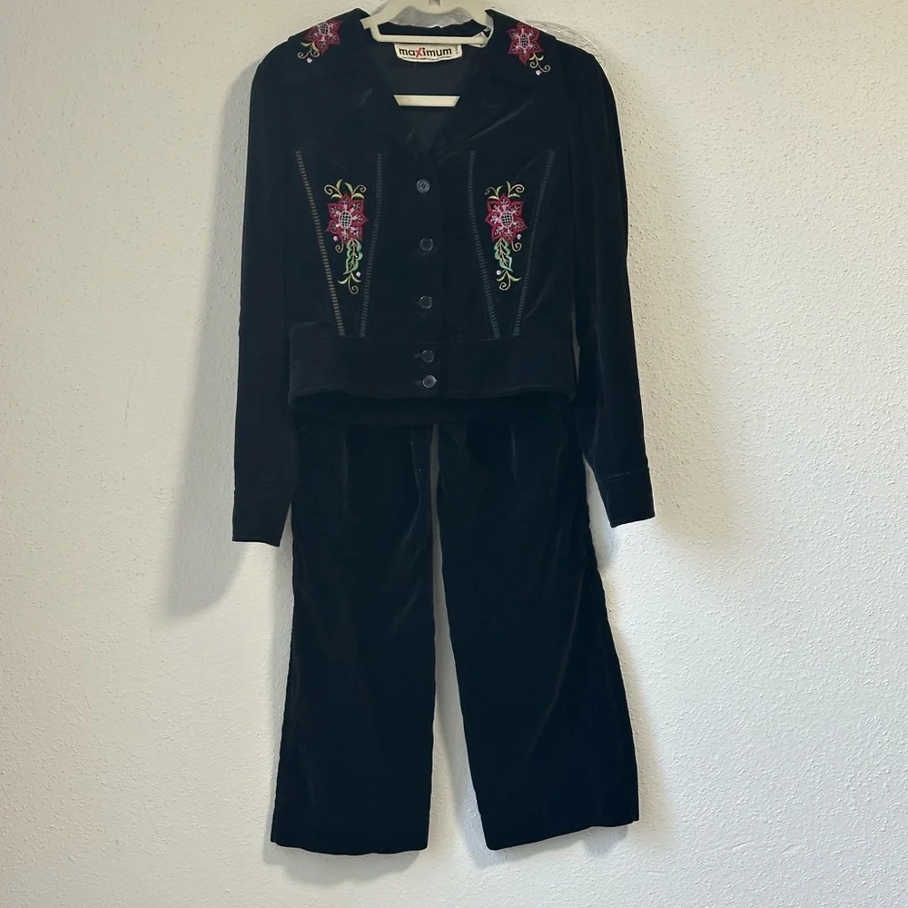 Vintage velvet black jacket and pants size youth 8 Pink and green embroidery.